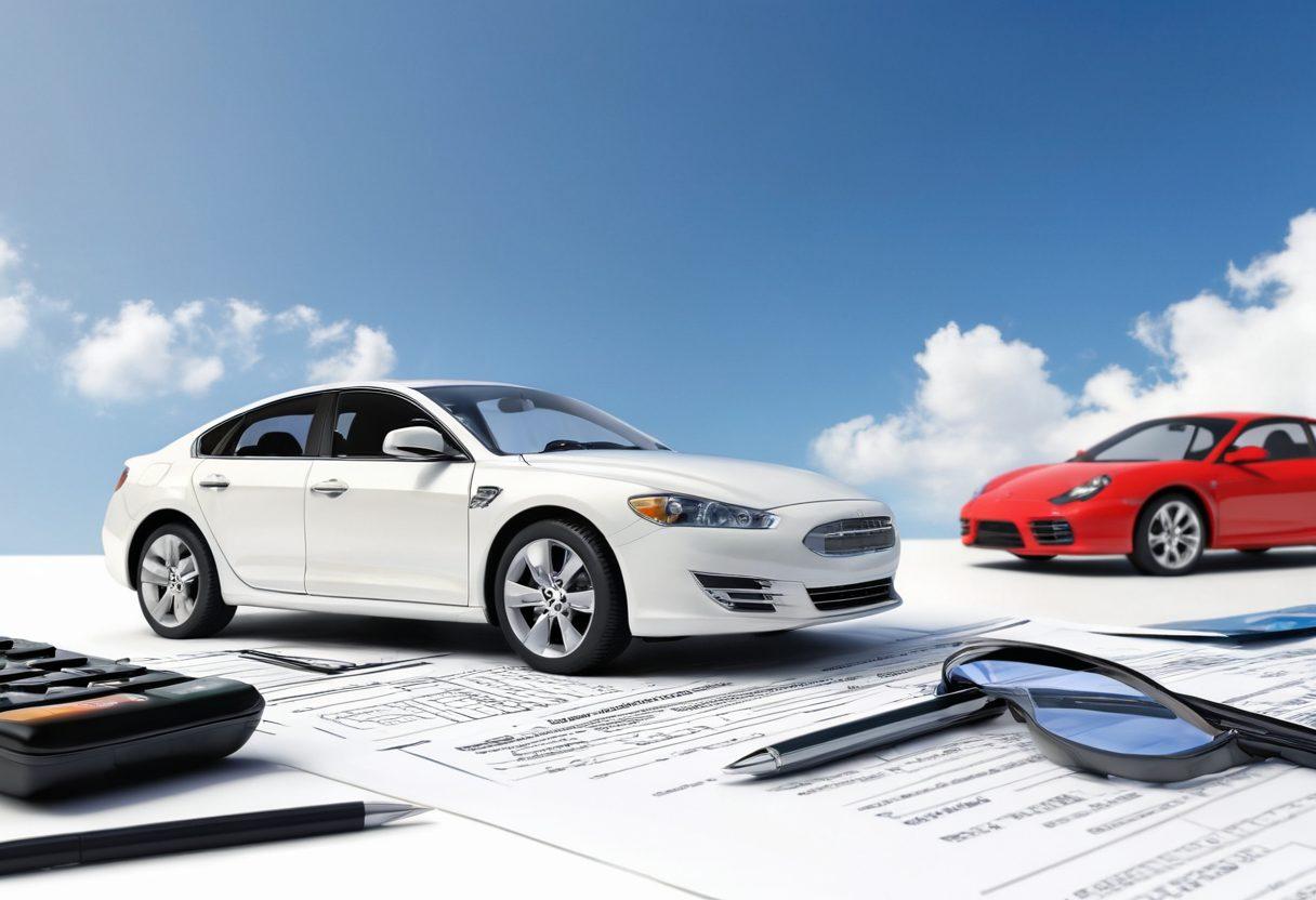 An elegant car parked under a sunny blue sky, surrounded by informative insurance documents, calculators, and a savvy figure in business attire analyzing the scene. The setting conveys a sense of financial wisdom and automotive savvy, with elements like dollar signs and charts subtly integrated into the background. super-realistic. vibrant colors. white background.