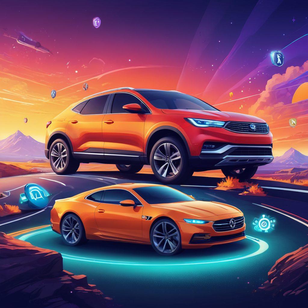 A thoughtful driver analyzing an auto insurance policy, surrounded by floating icons representing different tips and insights like dollar signs, cars, and shields. Include a glowing key symbolizing 'unlocking' information, set against a bright, inviting background with a road winding into the distance. The driver's expression should convey curiosity and empowerment. vibrant colors. digital art.